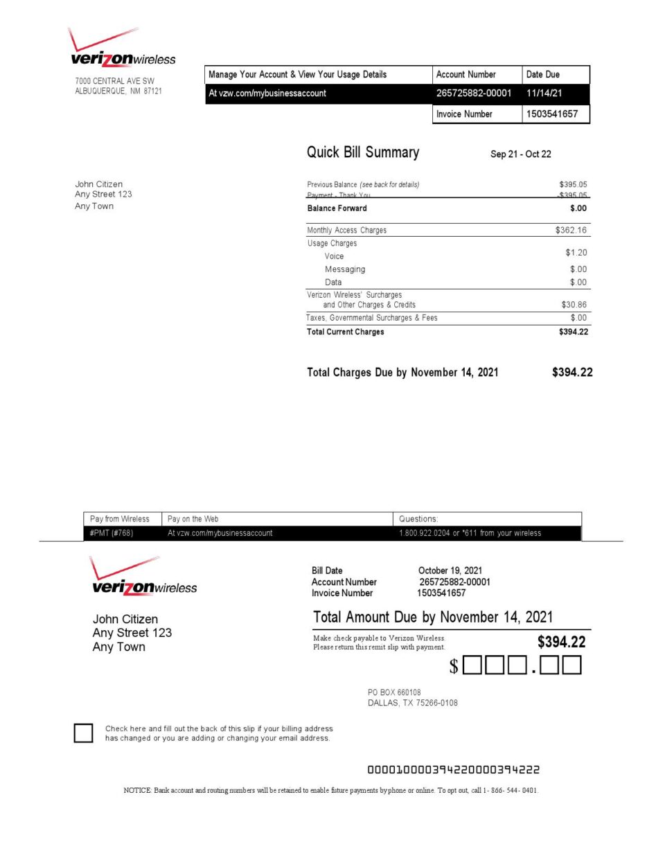 USA Verizon invoice template in Word and PDF format