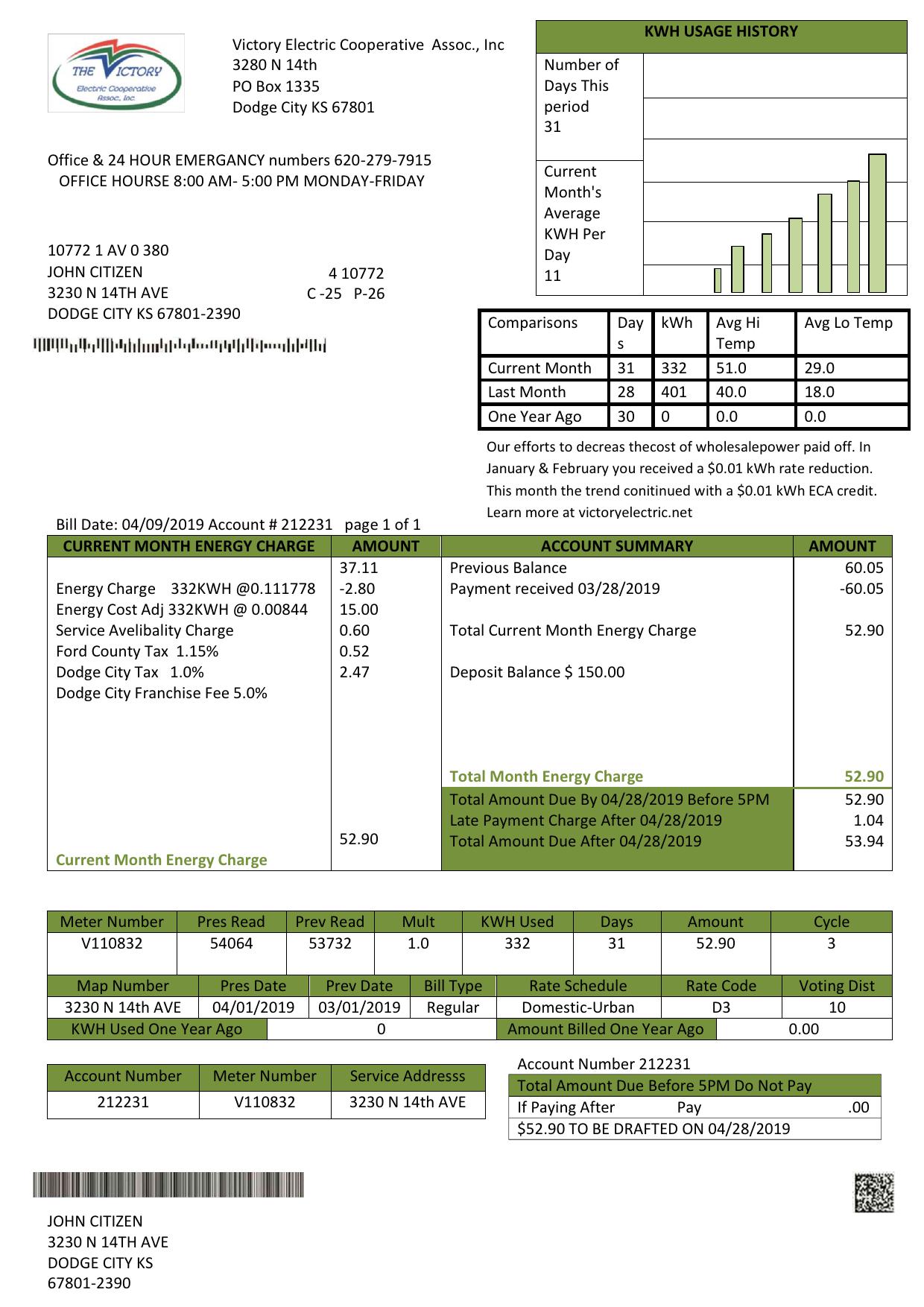 USA Kansas Victory Electric utility bill template in Word and PDF format