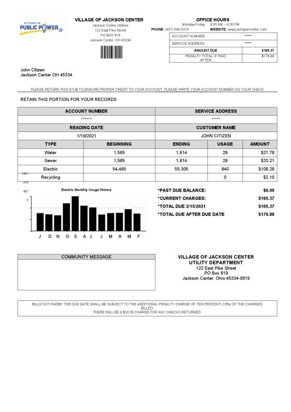USA Ohio Village of Jackson Center Public Power utility bill template in Word and PDF format