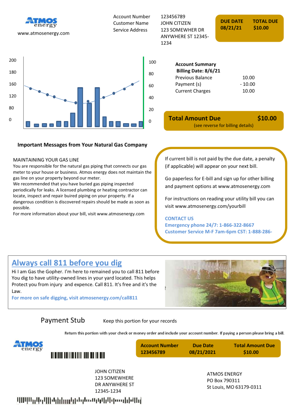 USA Virginia Atmos Energy utility bill template in Word and PDF format (.doc and .pdf)