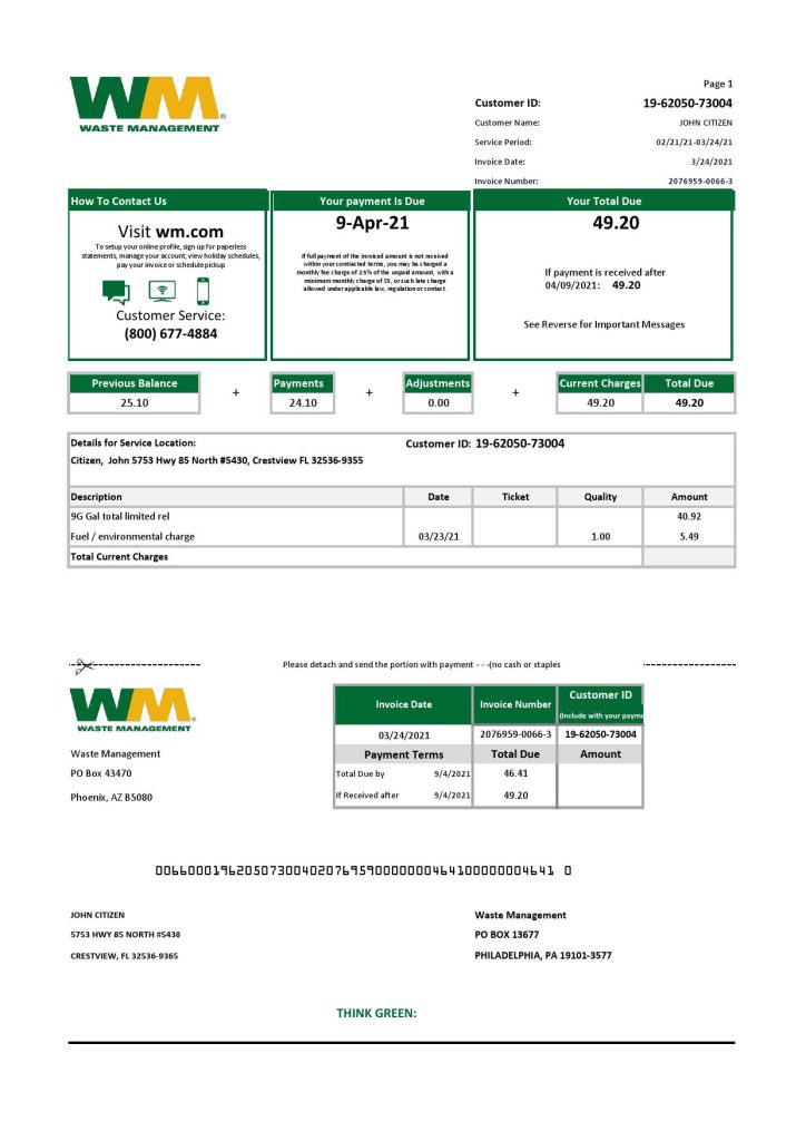 USA Waste Management bank statement template in Excel and PDF format