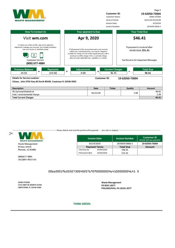 USA Waste Management bank statement template in Word and PDF format, good for address prove