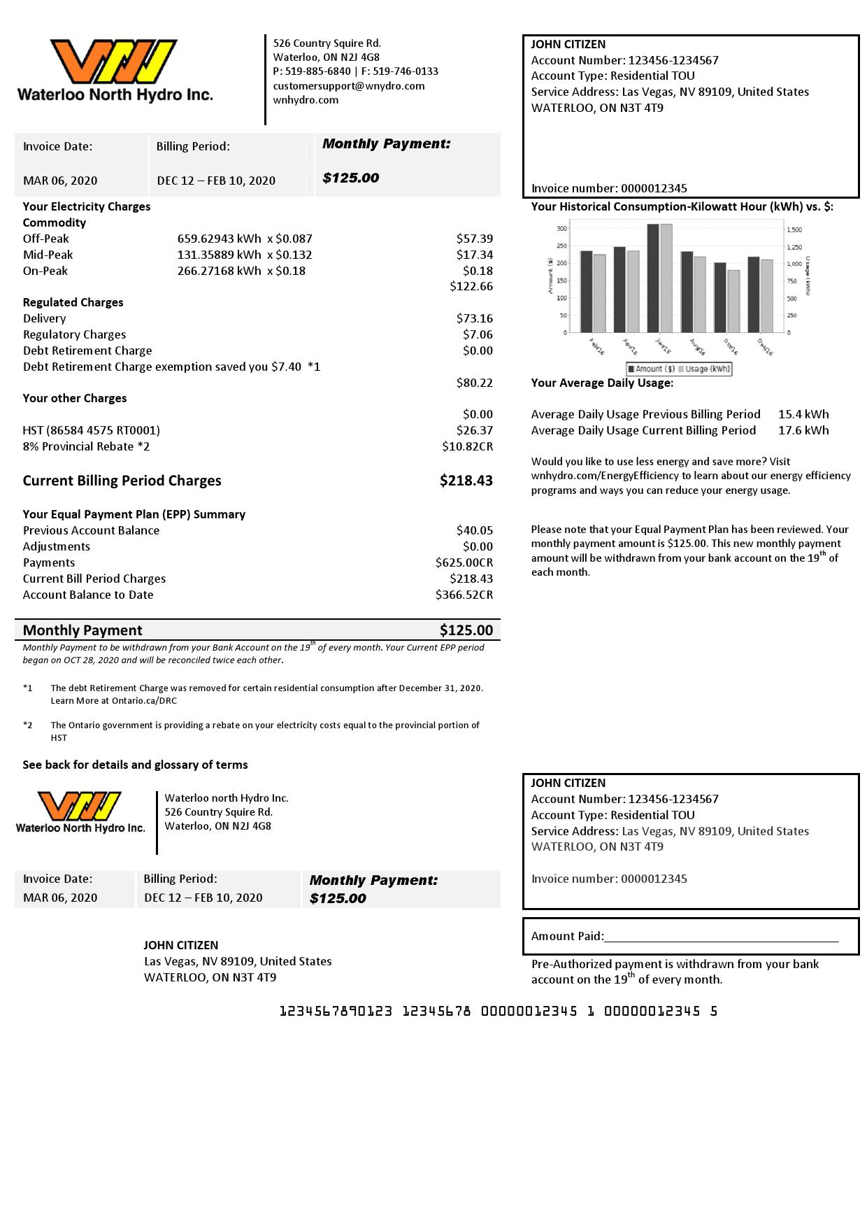 USA Nevada Waterloo North Hydro utility bill template in Word and PDF format