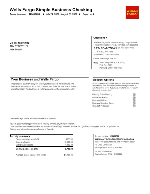 USA JP Morgan Chase bank statement template in .xls and .pdf file format