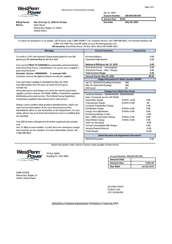 USA Pennsylvania West Penn Power utility bill template in Word and PDF format