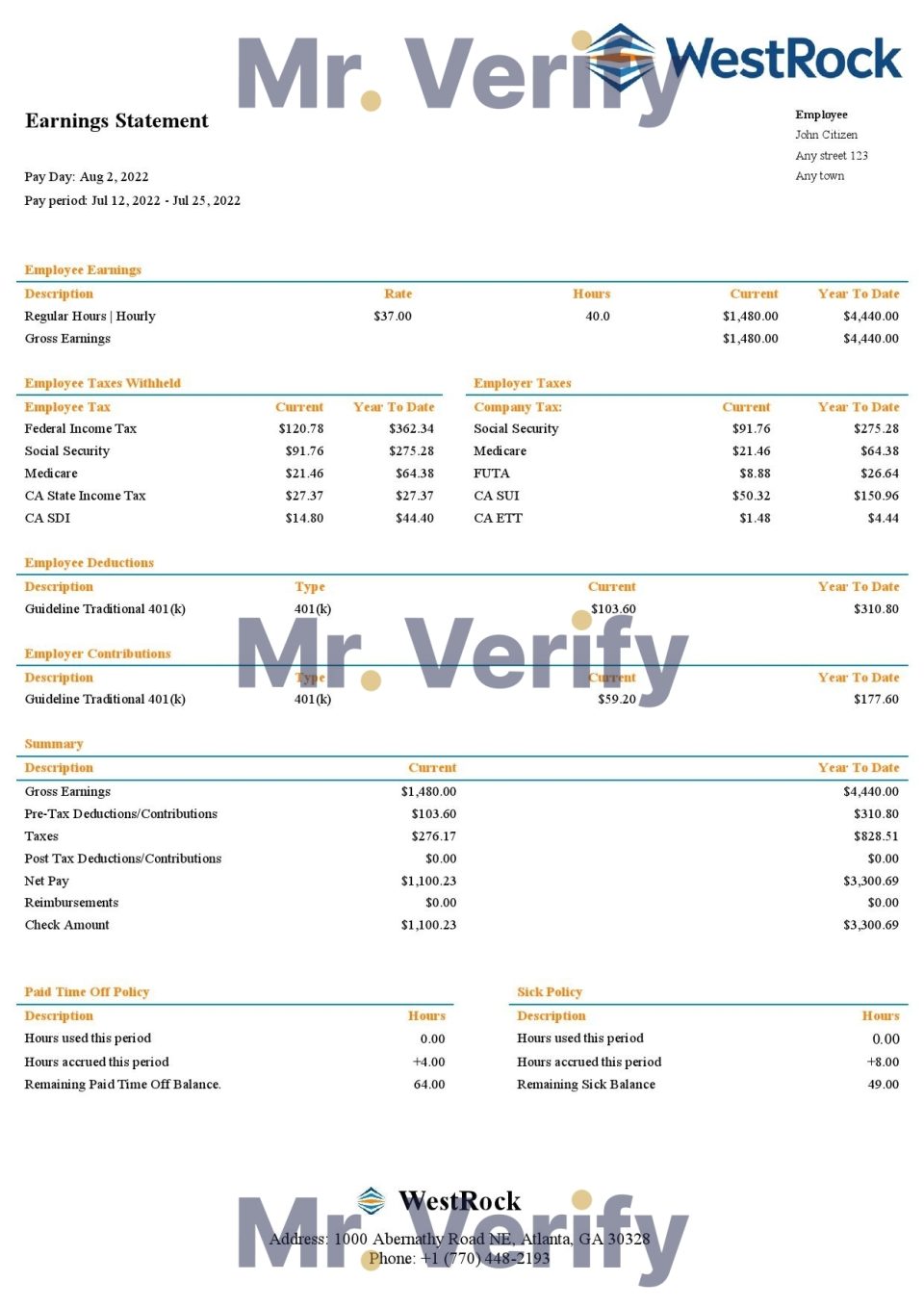 USA WestRock packaging company pay stub Word and PDF template