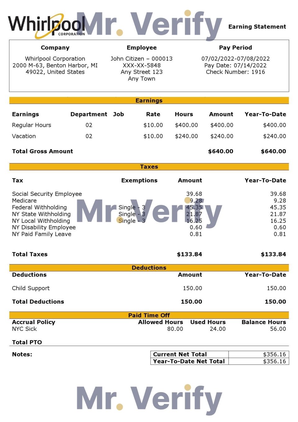 USA Whirlpool Corporation commercial company pay stub Word and PDF template