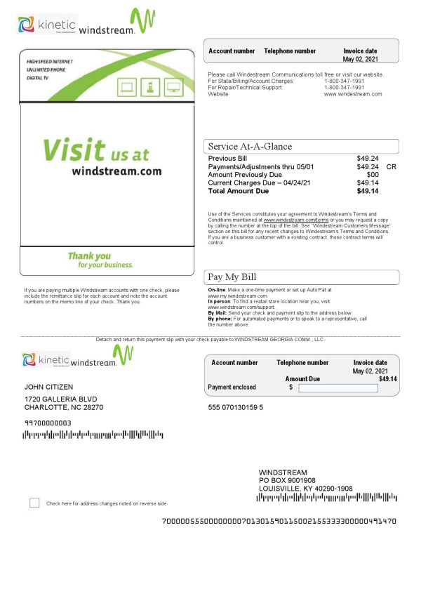 USA Windstream Holdings, Inc. utility bill template in Word and PDF format