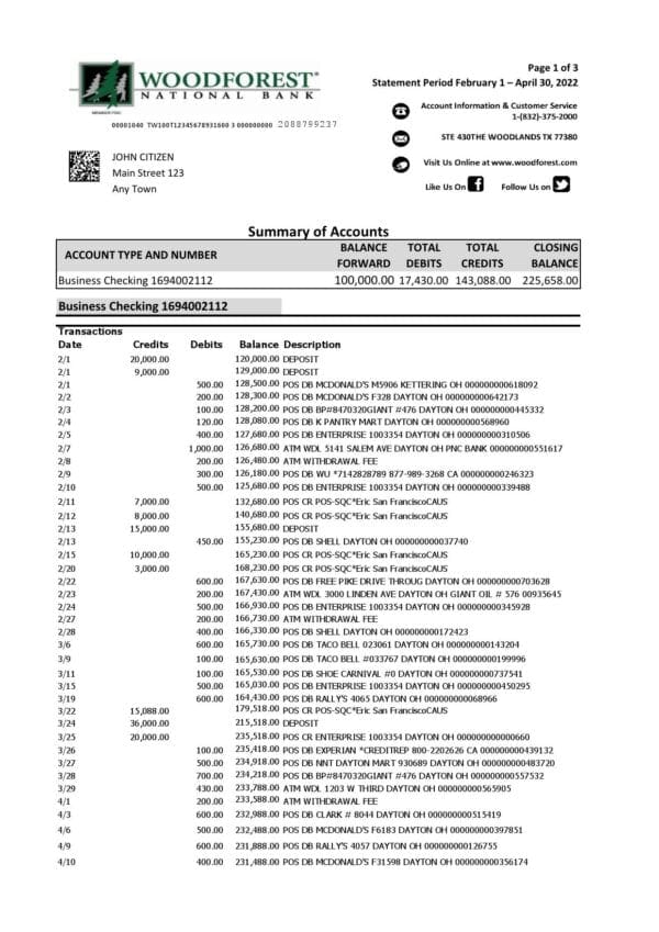 USA Woodforest bank statement Excel and PDF template, 3 pages