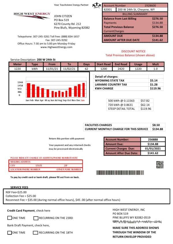 USA Wyoming High West Energy utility bill in Word anf PDF format (2 pages)