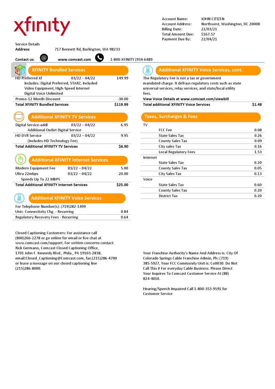 USA San Francisco Xfinity Comcast utility bill template in Word and PDF format (2 pages)