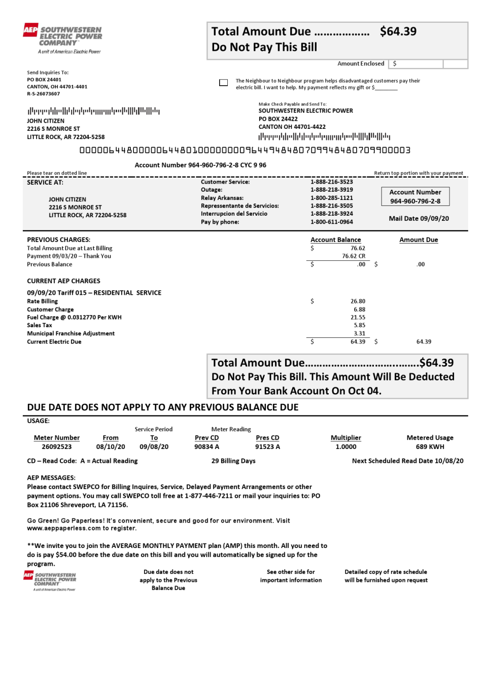 USA Louisiana AEP (Southwestern Electric Power Company) electricity utility bill template in Word and PDF format