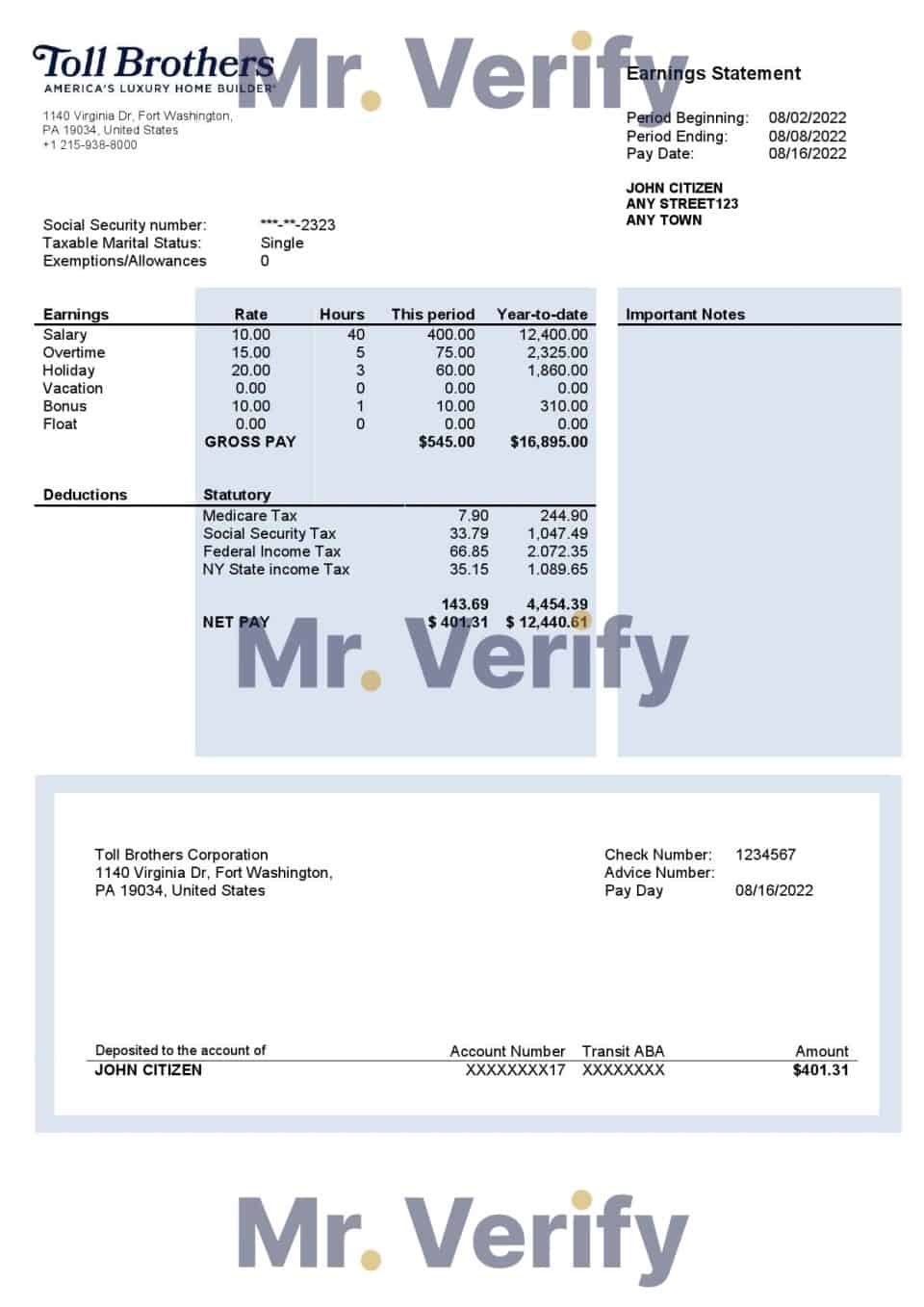 USA building company earning statement template in Word and PDF format