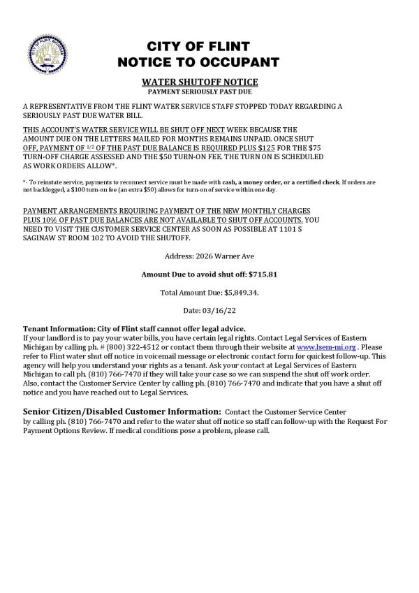 USA City of Flint Michigan Notice to occupant water utility bill shutoff notice, Word and PDF template