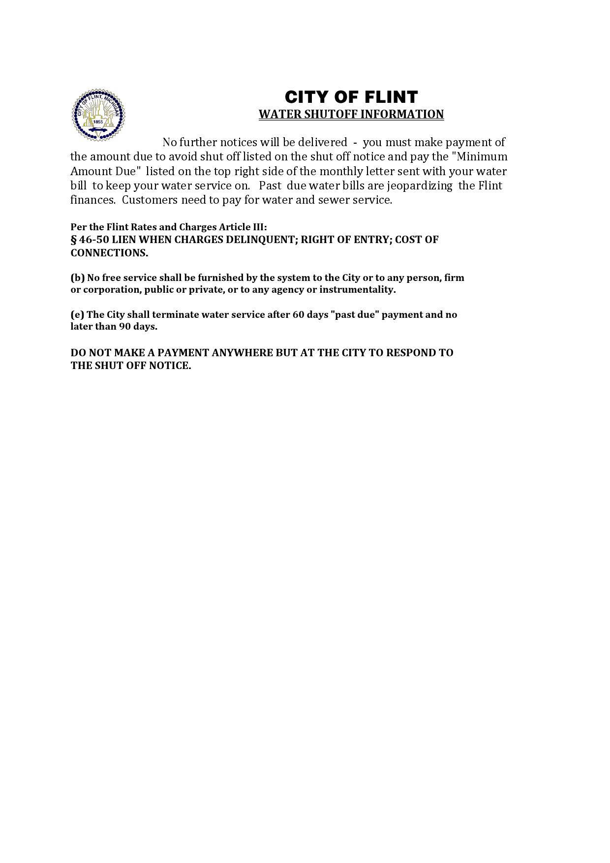 USA City of Flint Michigan water utility bill shutoff notice, Word and PDF template, version 2