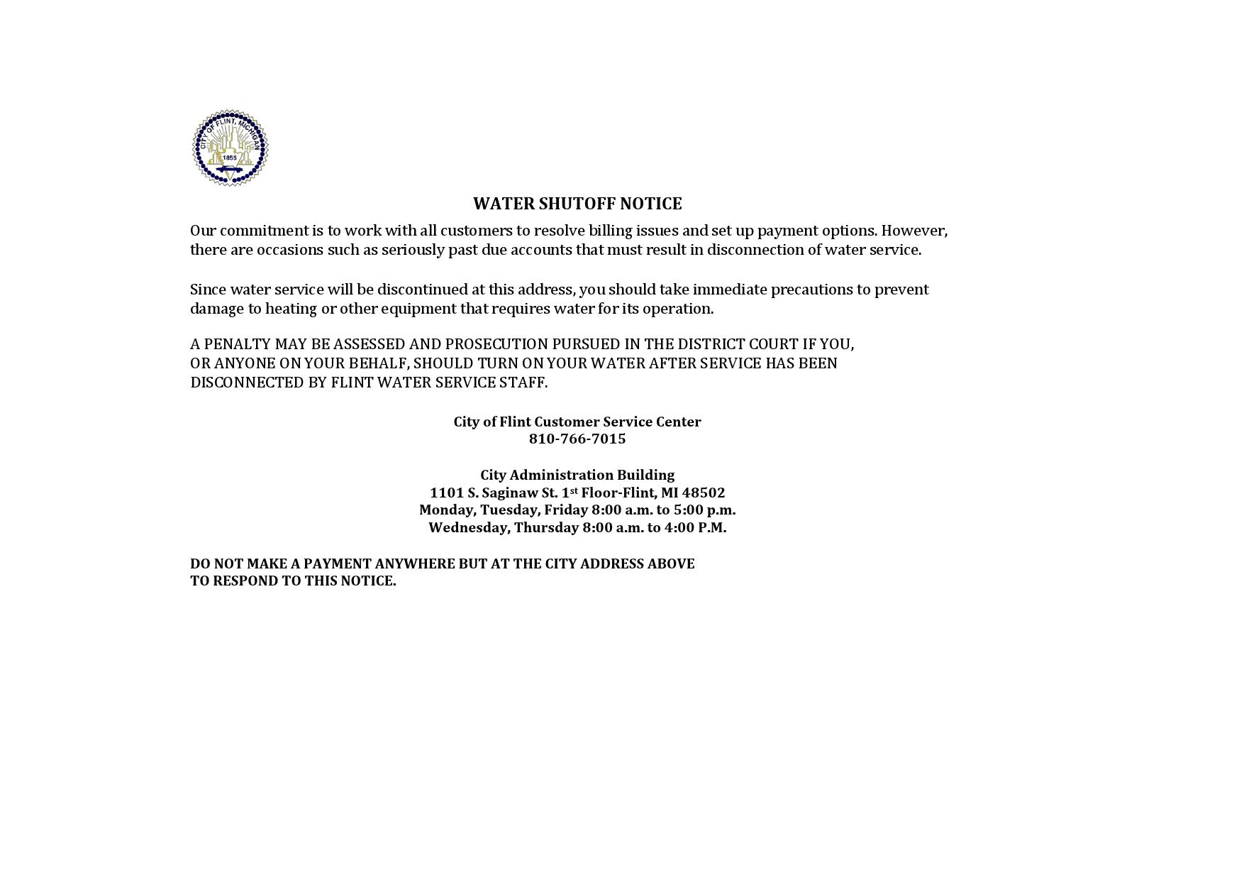 USA City of Flint Michigan water utility bill shutoff notice, Word and PDF template, version 3