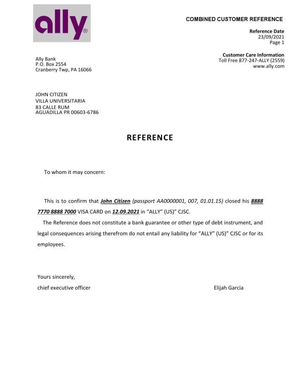 Download USA Ally Bank Reference Letter Templates | Editable Word