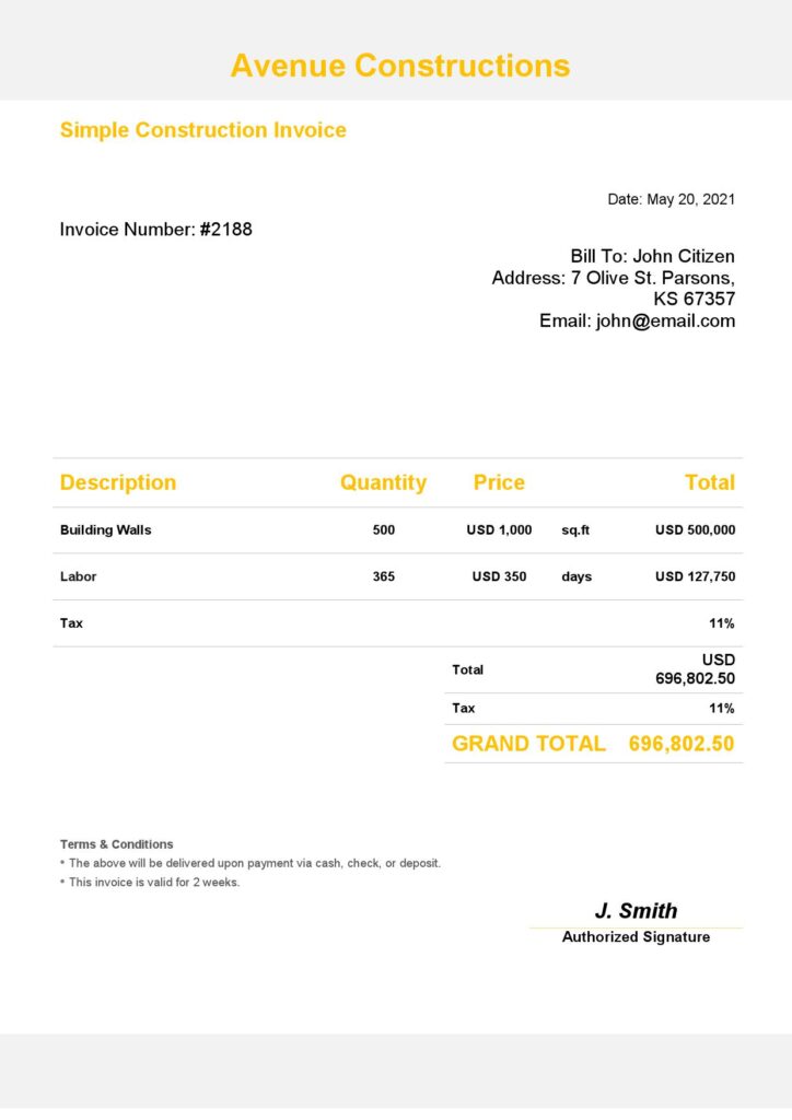 USA Avenue Constructions invoice template in Word and PDF format, fully editable