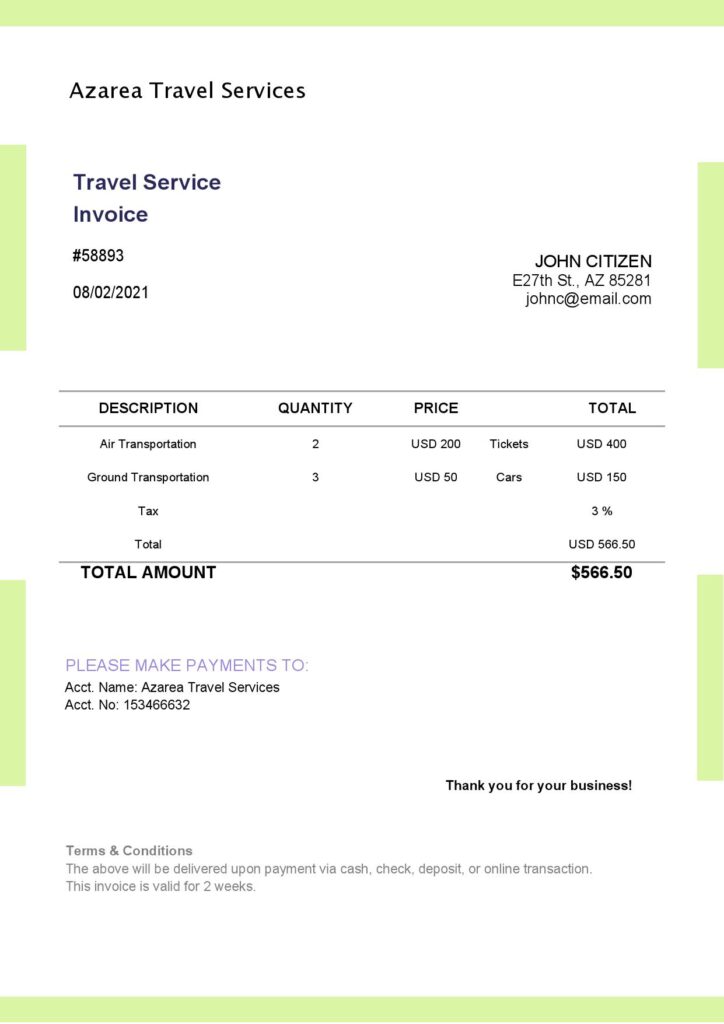 USA Azarea Travel Services invoice template in Word and PDF format, fully editable