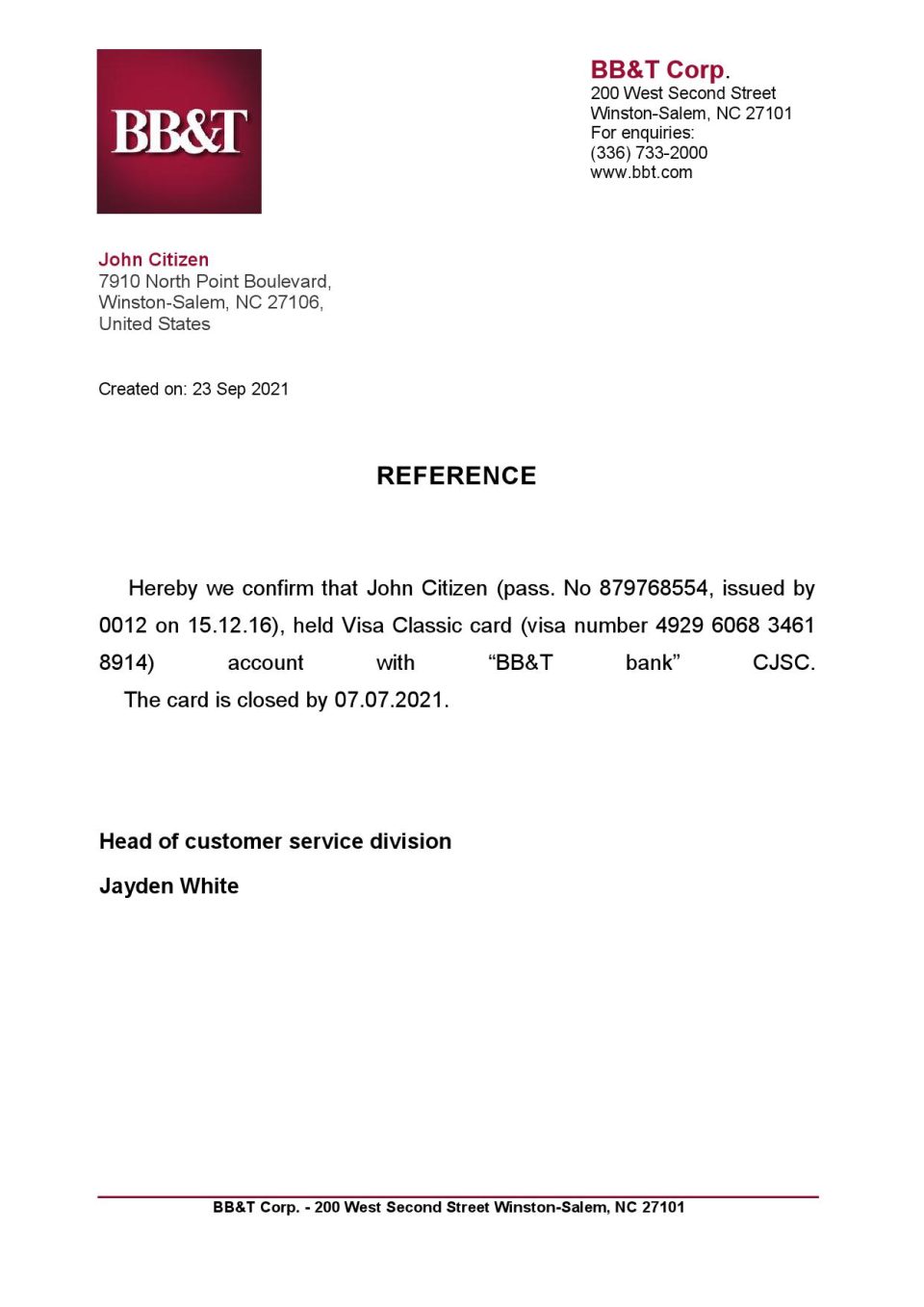 Download USA BB&T Bank Reference Letter Templates | Editable Word