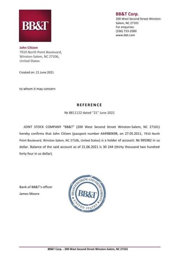 Download USA BB&T Bank Reference Letter Templates | Editable Word
