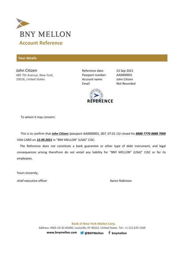 Download USA BNY Mellon Bank Reference Letter Templates | Editable Word