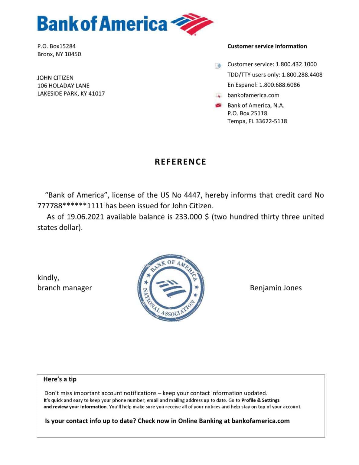 Download USA Bank Of America Bank Reference Letter Templates | Editable ...