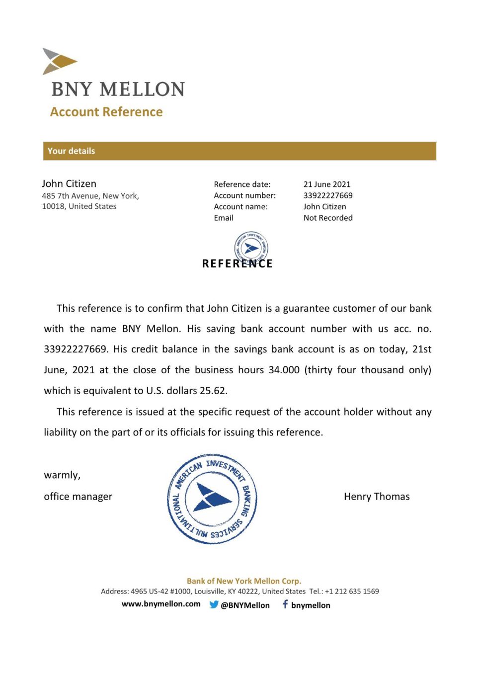 Download USA BNY Mellon Bank Reference Letter Templates | Editable Word