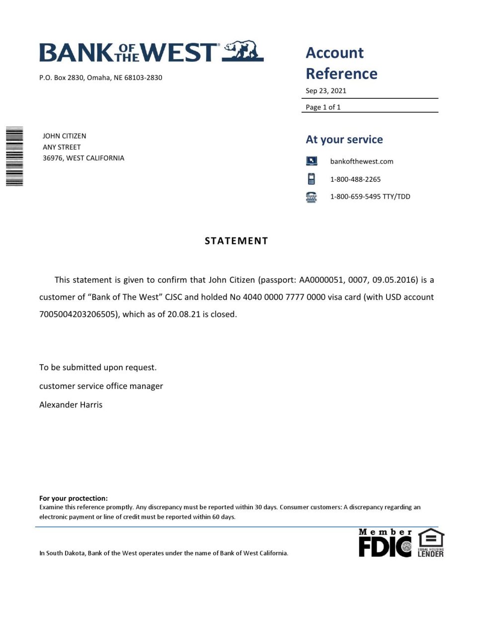 Download USA Bank of the West Bank Reference Letter Templates | Editable Word
