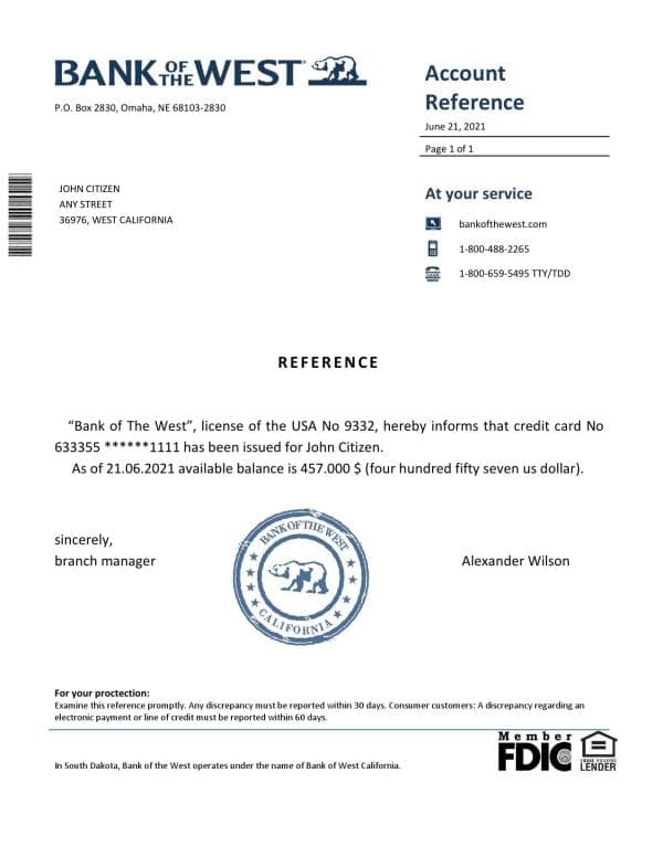 Download USA Bank of the West Bank Reference Letter Templates | Editable Word