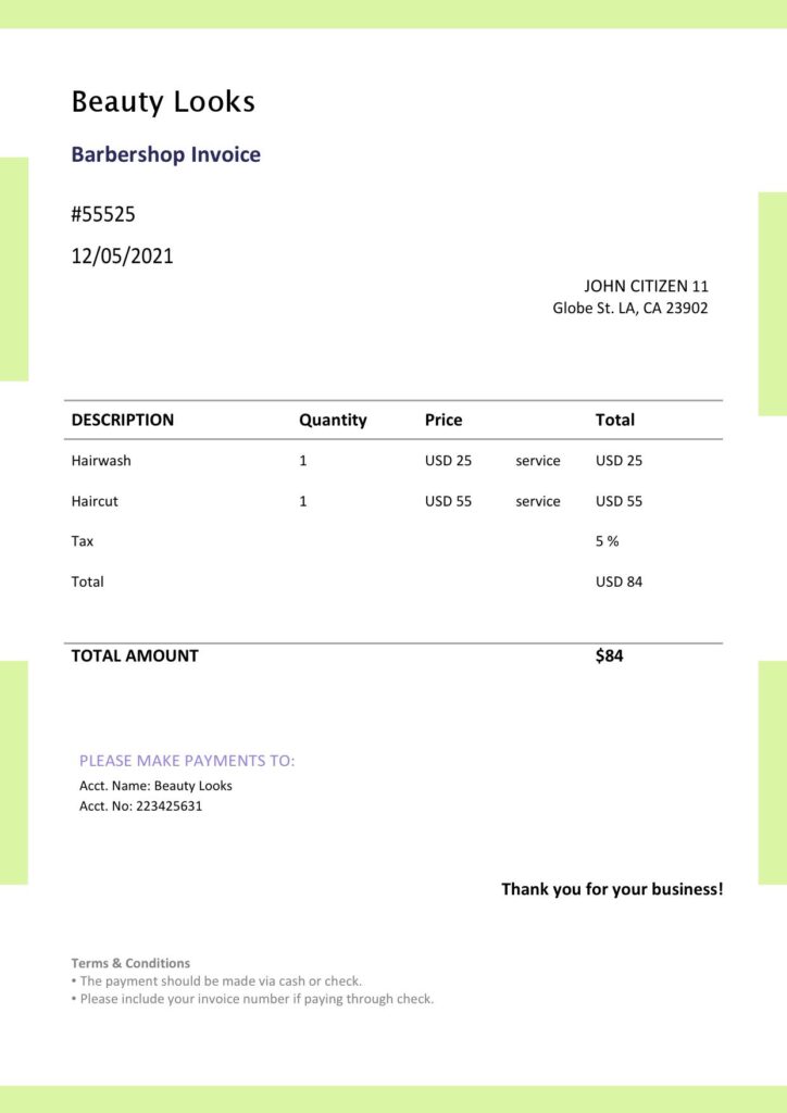 USA Beauty Looks invoice template in Word and PDF format, fully editable