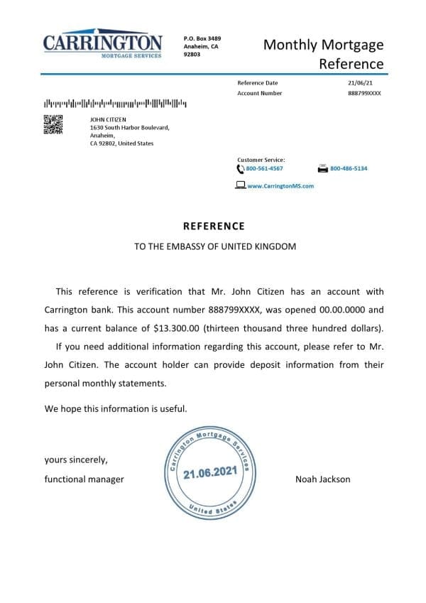 Download USA Carrington Bank Reference Letter Templates | Editable Word