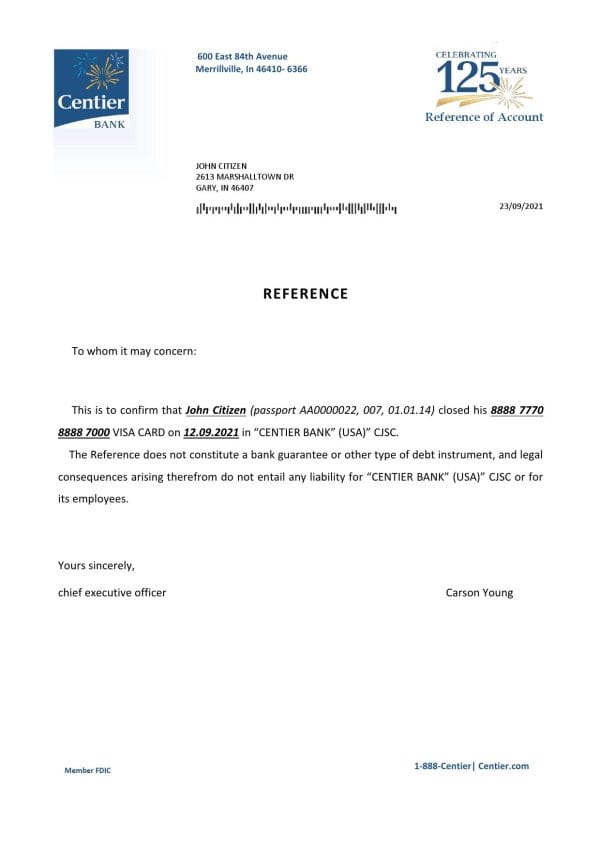 Download USA Centier Bank Reference Letter Templates | Editable Word