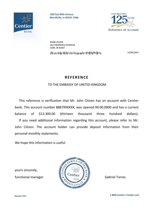 Download USA Centier Bank Reference Letter Templates | Editable Word