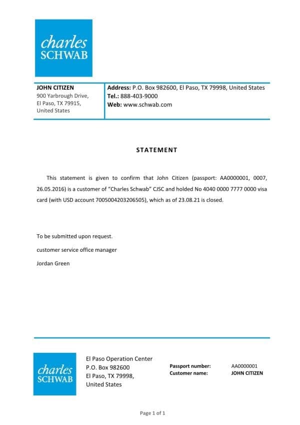 Download USA Charles Schwab Bank Reference Letter Templates | Editable Word