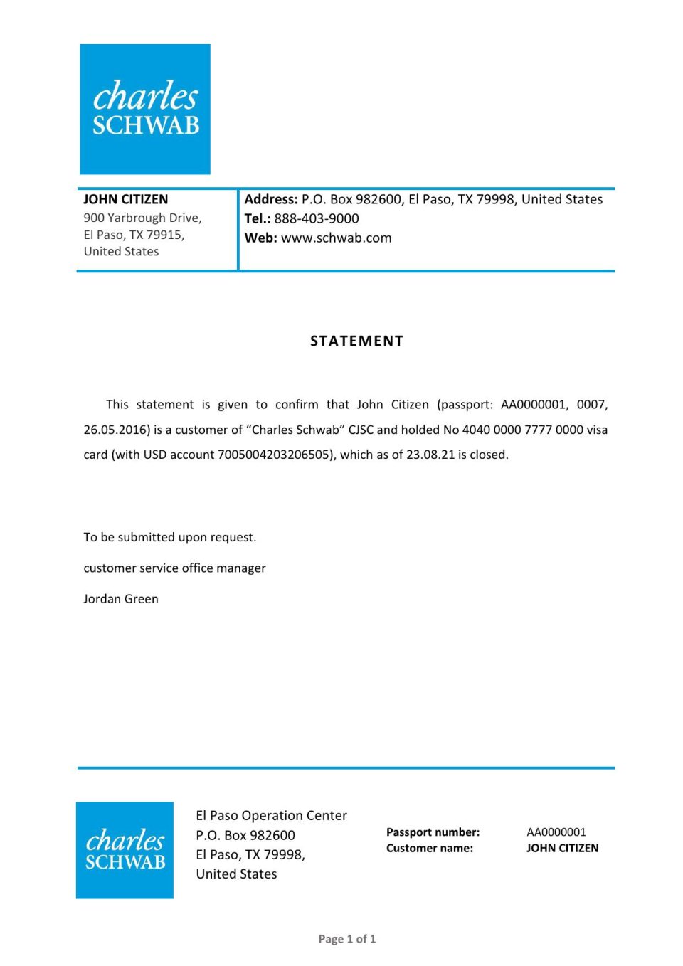 Download USA Charles Schwab Bank Reference Letter Templates | Editable Word
