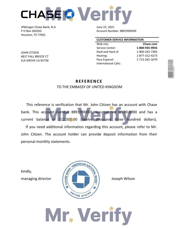 USA Chase bank reference letter template in Word and PDF format