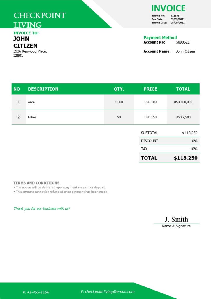 USA Checkpoint Living invoice template in Word and PDF format, fully editable
