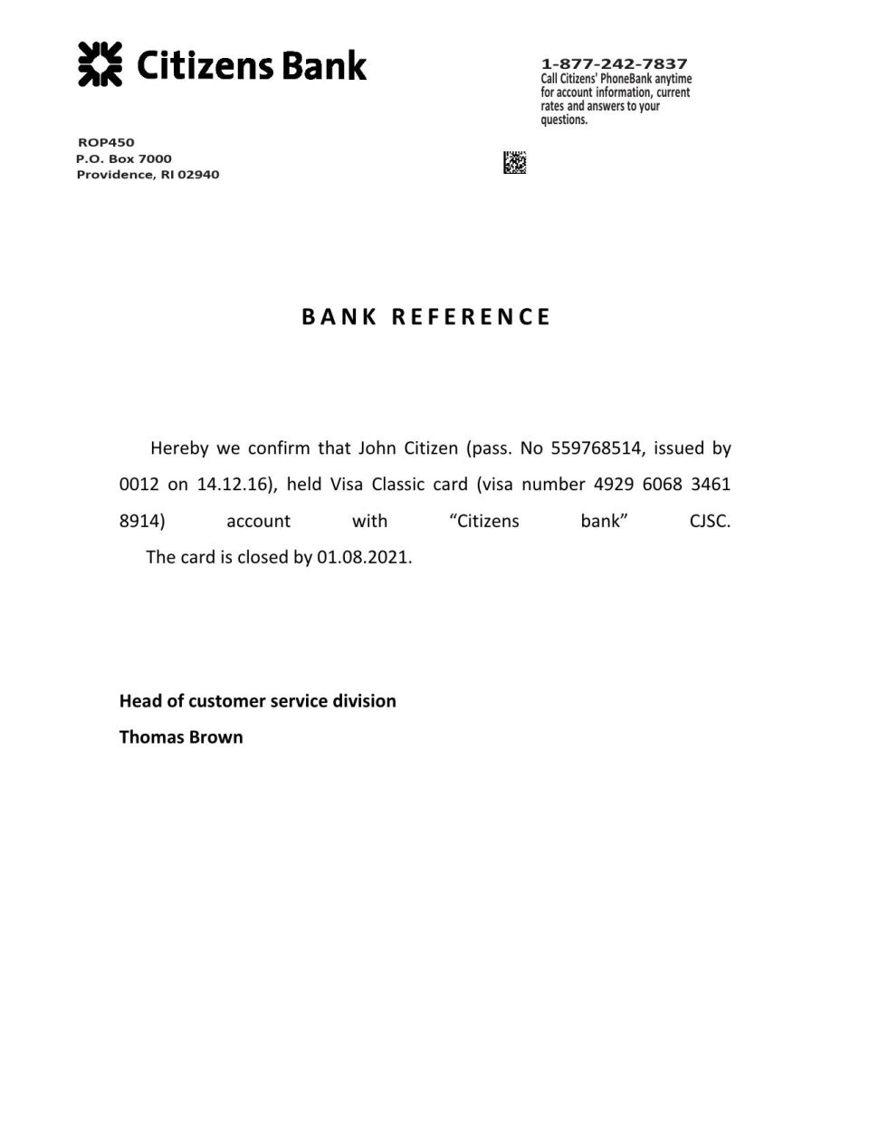 Download USA Citizens Bank Reference Letter Templates | Editable Word