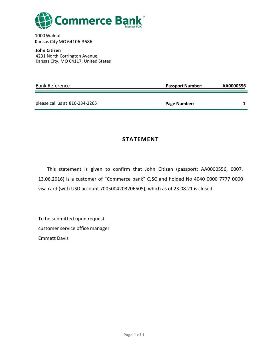 Download USA Commerce Bank Reference Letter Templates | Editable Word