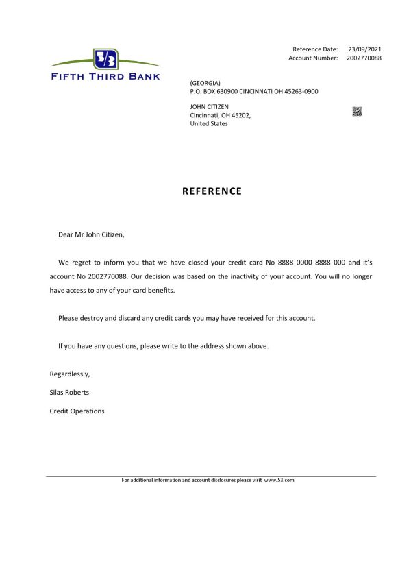 USA Fifth Third Bank bank account closure reference letter template in Word and PDF format