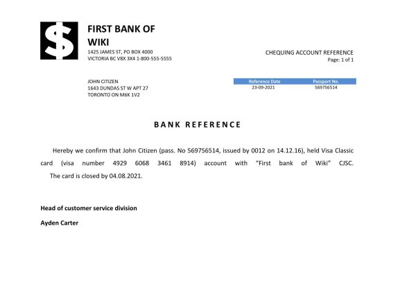 USA First Bank of Wiki bank account closure reference letter template in Word and PDF format
