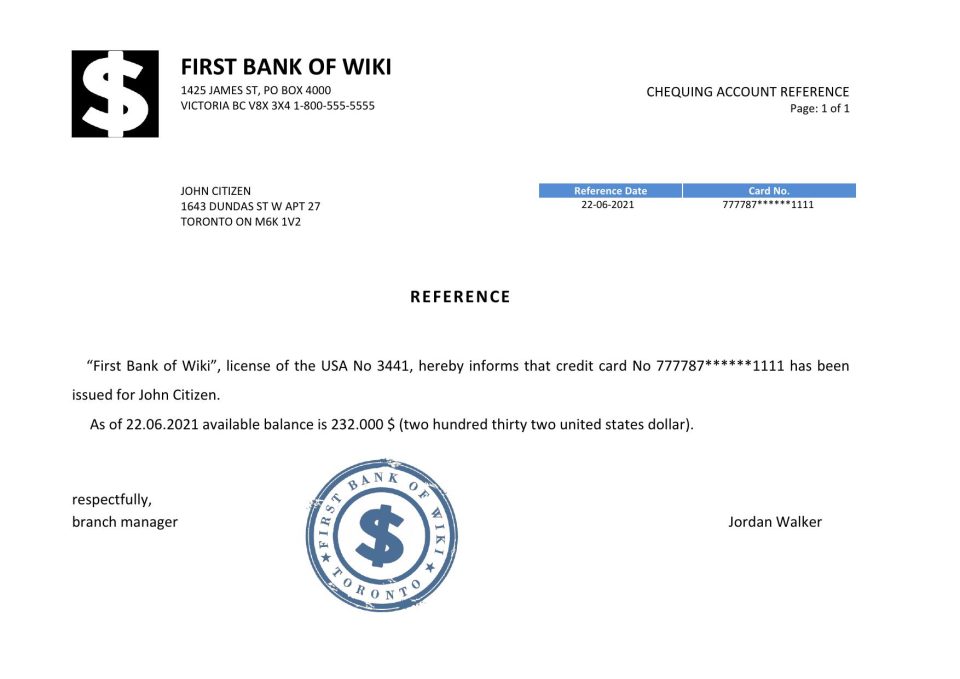 Download USA First Bank of Wiki Bank Reference Letter Templates | Editable Word