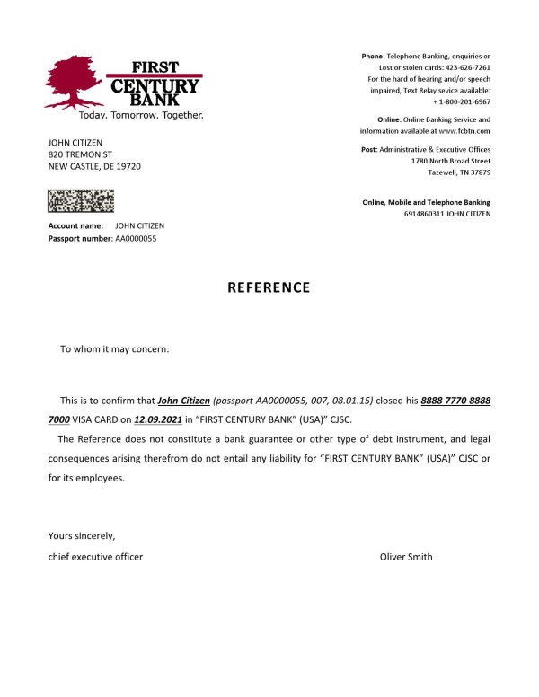 USA First Century Bank bank account closure reference letter template in Word and PDF format