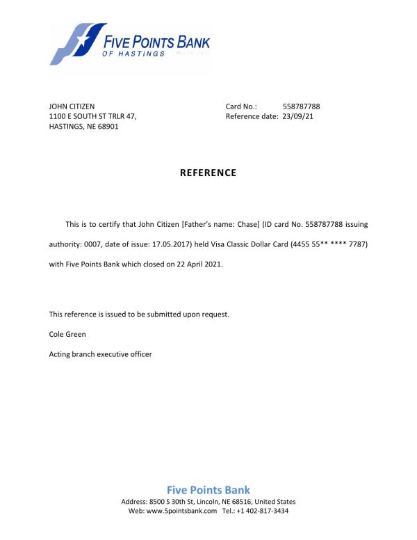 USA Five Points Bank bank account closure reference letter template in Word and PDF format