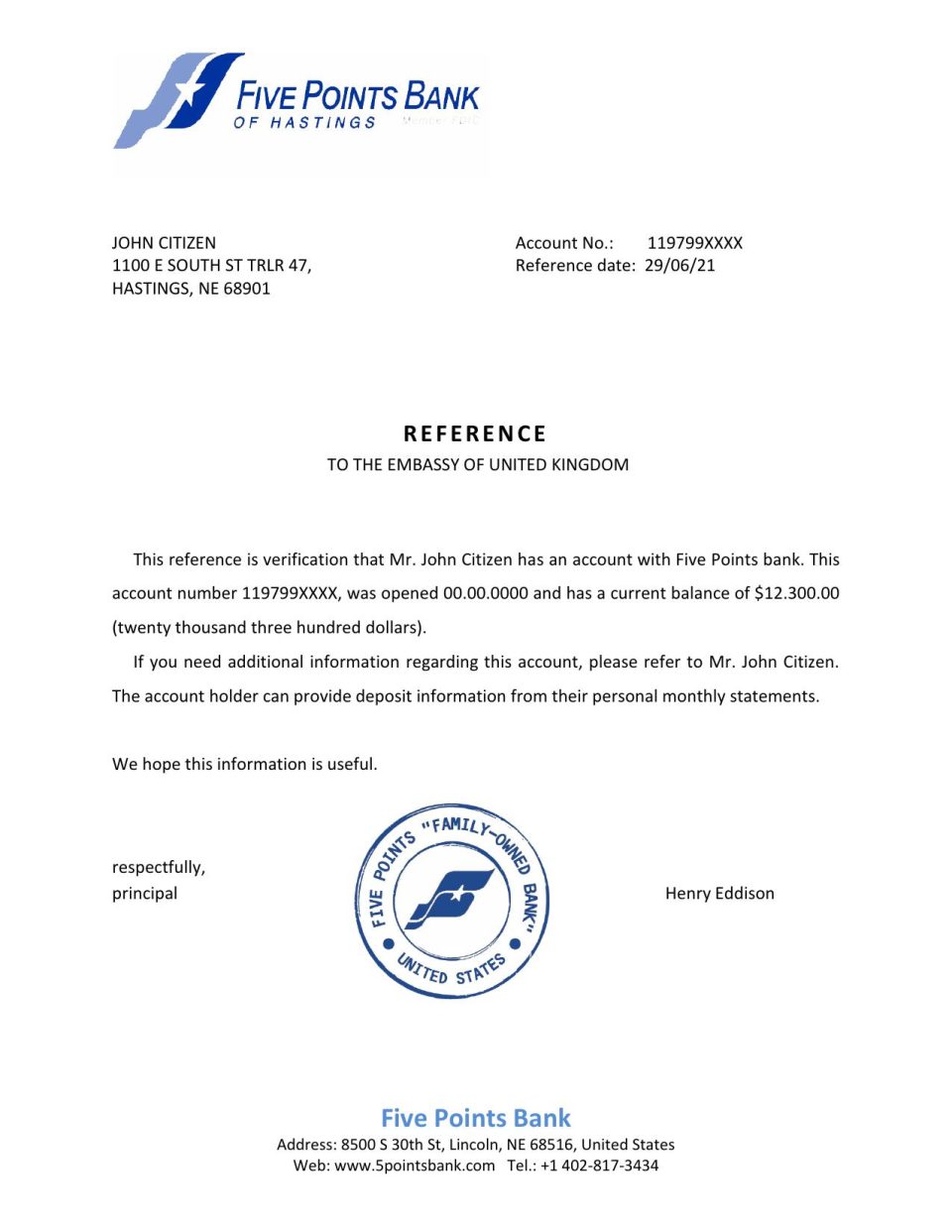 Download USA Five Points Bank Reference Letter Templates | Editable Word
