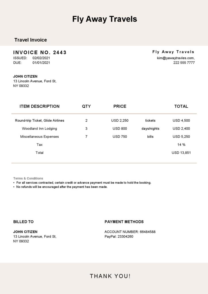 High-Quality USA Fly Away Travels Invoice Template PDF | Fully Editable