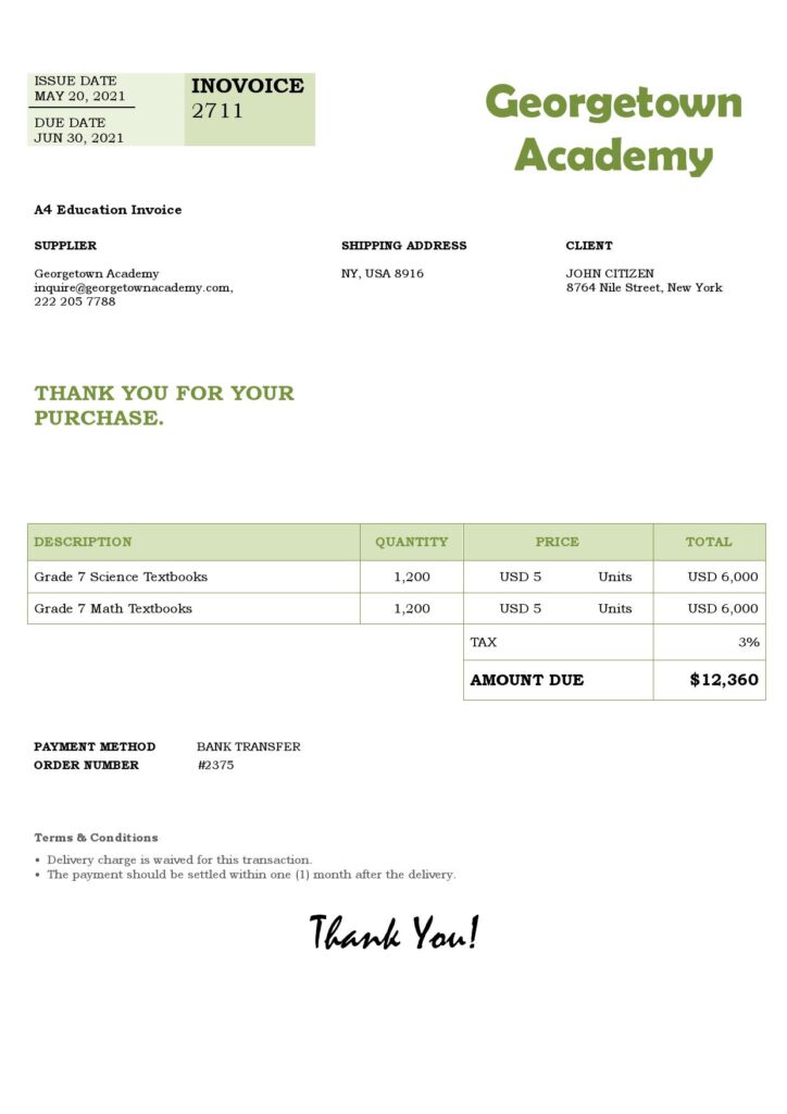 USA Georgetown Academy invoice template in Word and PDF format, fully editable