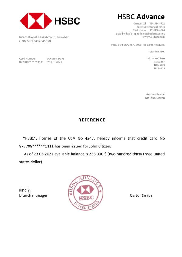 USA HSBC bank account reference letter template in Word and PDF format