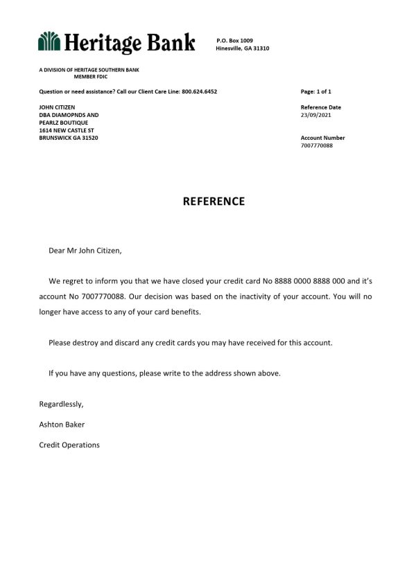USA Heritage Bank bank account closure reference letter template in Word and PDF format